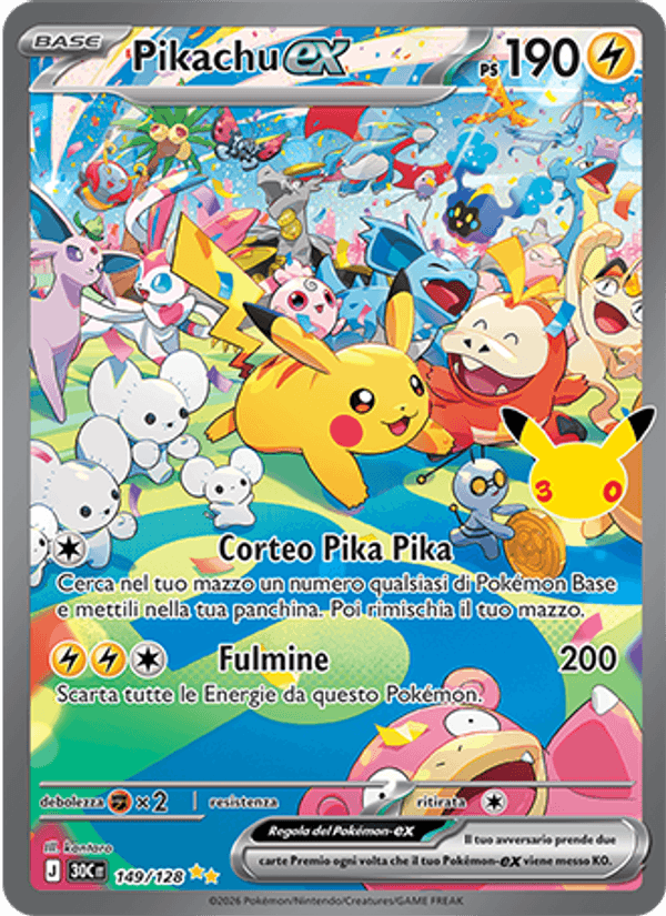 Carta Pikachu-ex del set 30° Anniversario, illustrazione di kantaro