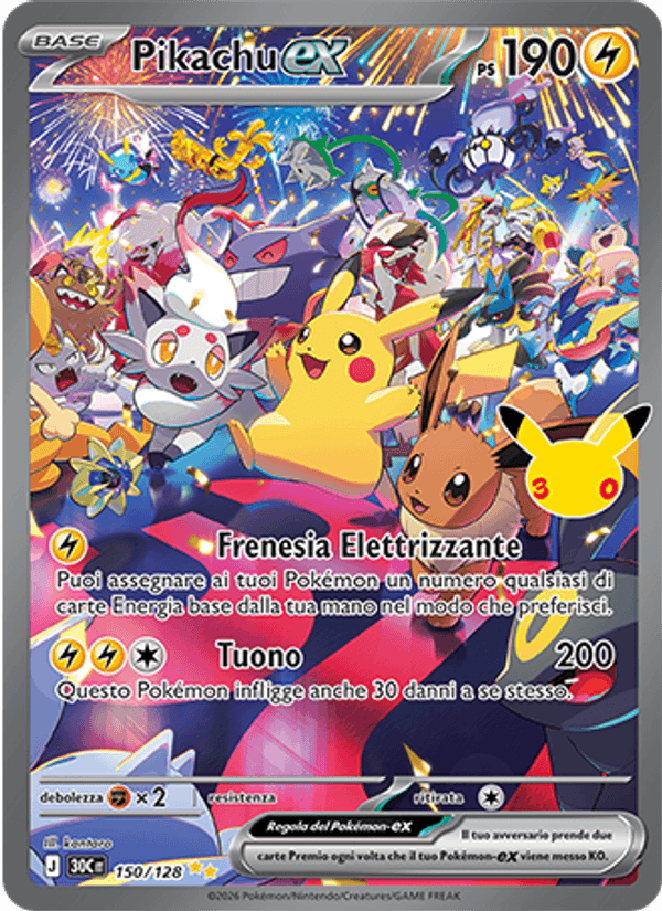 Carta Pikachu-ex del set 30° Anniversario, illustrazione di kantaro