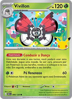 Carta Pokémon Vivillon 30C 008/128 da coleção 30th Celebration