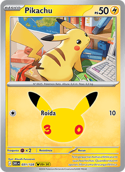 Carta Pokémon Pikachu 30C 031/128 da coleção 30th Celebration