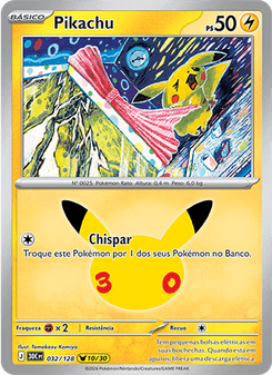 Carta Pokémon Pikachu 30C 032/128 da coleção 30th Celebration