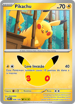 Carta Pokémon Pikachu 30C 036/128 da coleção 30th Celebration