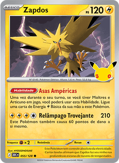 Carta Pokémon Zapdos 30C 055/128 da coleção 30th Celebration