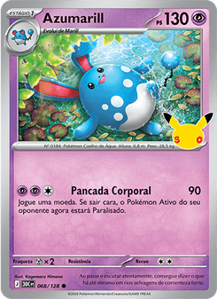 Carta Pokémon Azumarill 30C 068/128 da coleção 30th Celebration