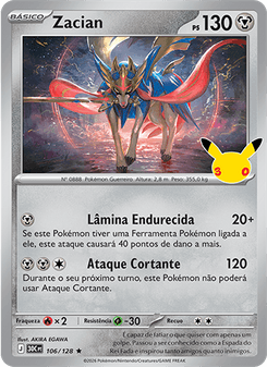 Carta Pokémon Zacian 30C 106/128 da coleção 30th Celebration