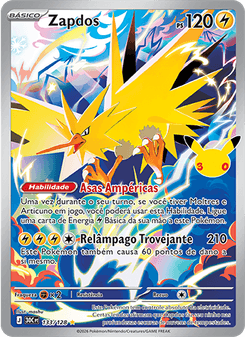Carta Pokémon Zapdos 30C 133/128 da coleção 30th Celebration